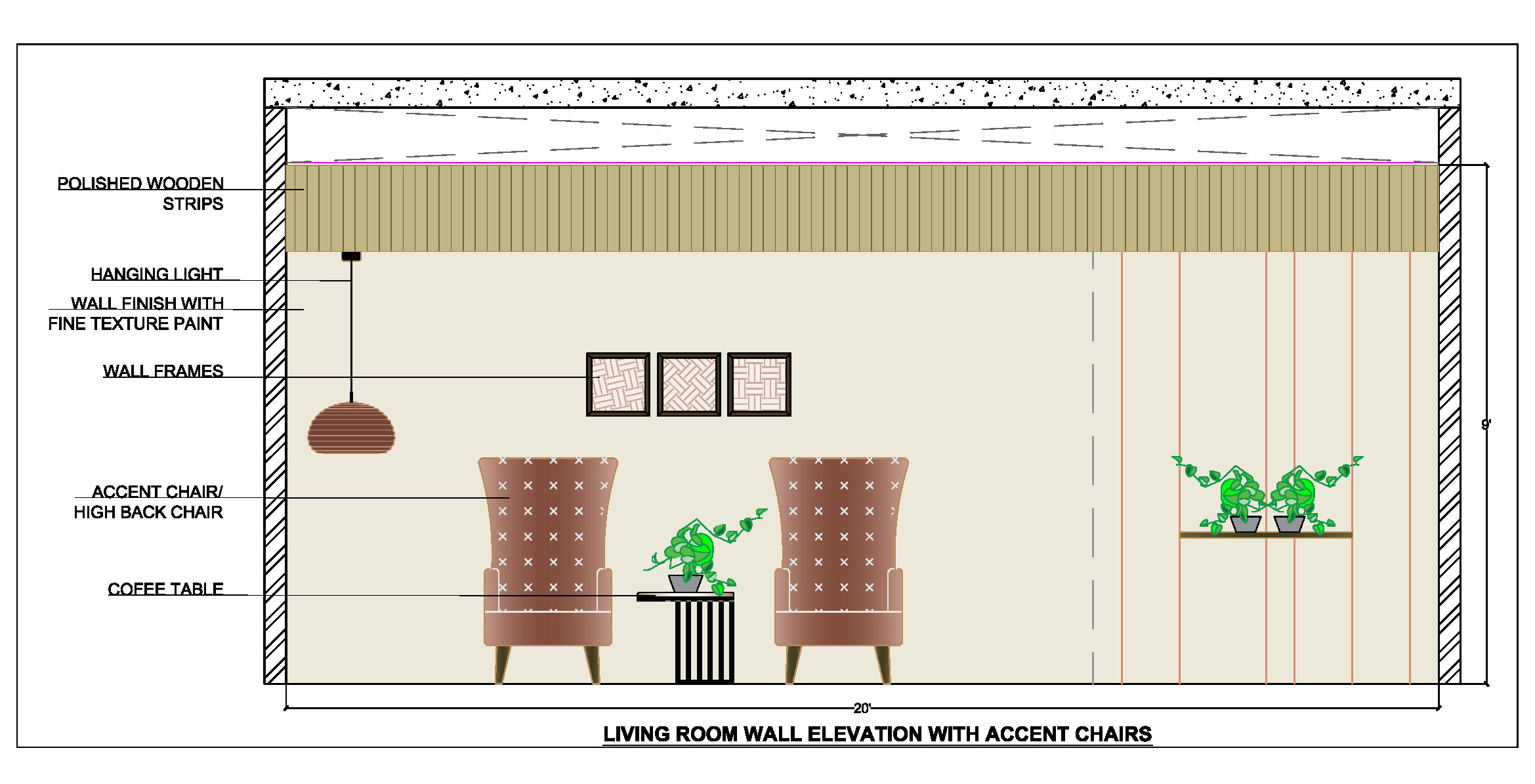 Living Room Wall Elevation CAD- Accent Chair, Table & Lighting